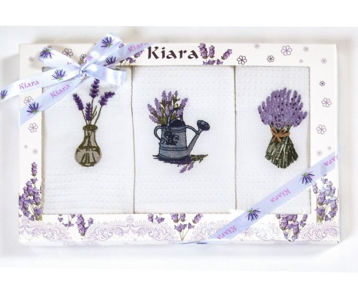 Utěrky KIARA 98 vaflové vyšívané, dárkové balení, levandule, bílá, 3 kusy 50x70cm
