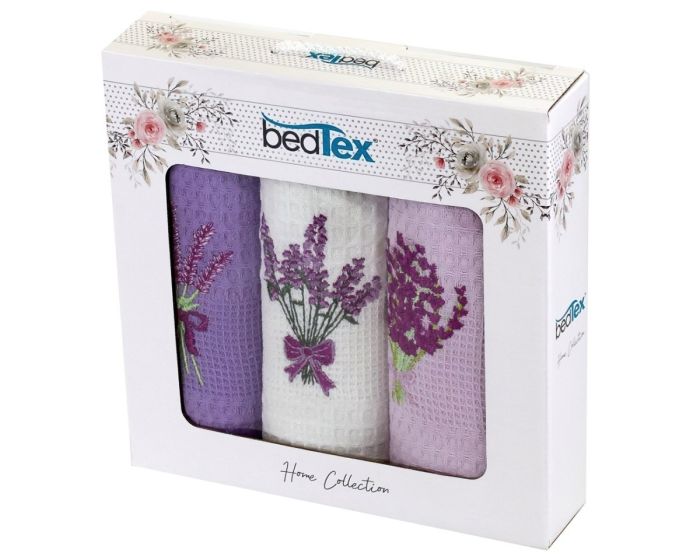 Utěrky vaflové / dárkové balení LEVANDULE, fialové s výšivkou, 3 kusy 40x60cm
