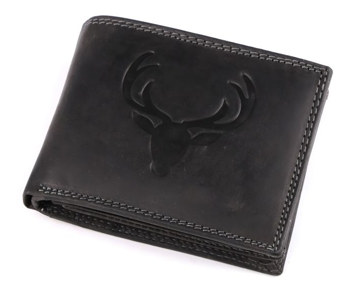 Pánská kožená myslivecká peněženka s RFID ochranou, 870349/21, černá - jelen, matná, 9,5 x 15 x 3,5 cm