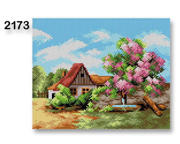 Vyšívací předloha, obrázek na vyšívání 70240/2173, dům, zeleno-modrá, 24x30cm