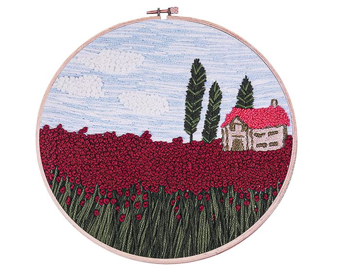 Vyšívací sada s předtištěným motivem 380731/2, vlčí máky s krajinou (rámeček, předtisk, jehly a příze), průměr 26,5cm