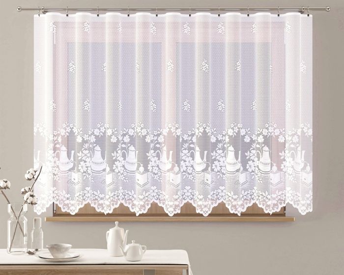 Žakárová záclona VILMA / KUCHYŇKA, s bordurou, bílá (více výšek, v metráži)