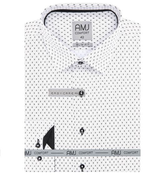 Pánská košile AMJ bavlněná, bílá vzorovaná, VDBR1317, dlouhý rukáv (regular + slim-fit + prodloužený slim-fit)