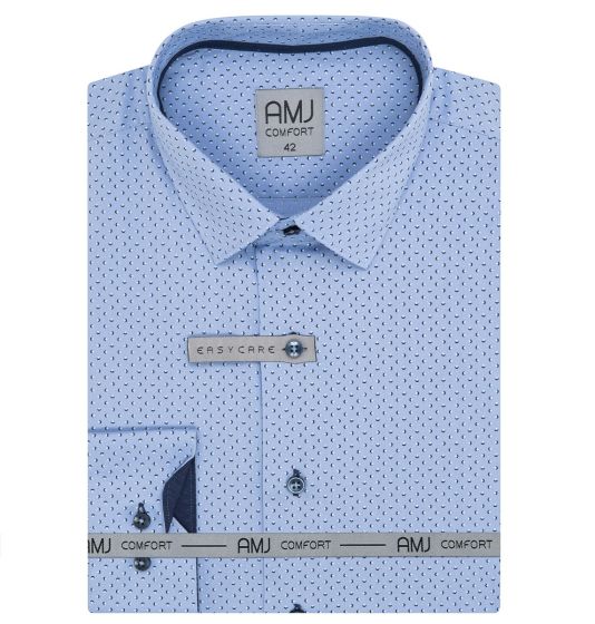 Pánská košile AMJ bavlněná, modrá vzorovaná, VDBR1295, dlouhý rukáv, regular fit