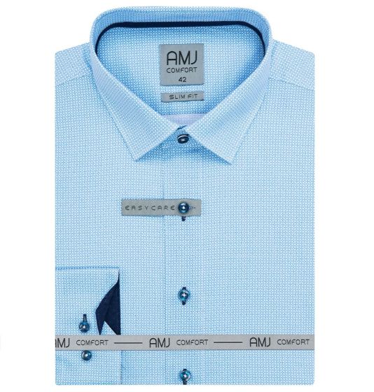 Pánská košile AMJ bavlněná, modrá vzorovaná, VDBR1321, dlouhý rukáv (regular + slim-fit + prodloužený slim-fit)