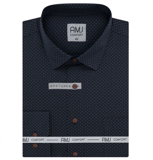Pánská košile AMJ bavlněná, tmavě modrá s béžovými křížky VDB1397, dlouhý rukáv (regular + slim-fit + prodloužený slim-fit)