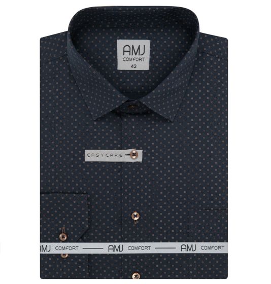 Pánská košile AMJ bavlněná, černá s béžovými čárkovanými puntíky VDB1405, dlouhý rukáv (regular + slim-fit + prodloužená délka)