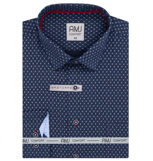 Pánská košile AMJ bavlněná, tmavě modrá se světle modrými tečkami a vzory, VDBR1316, dlouhý rukáv (regular + slim-fit)