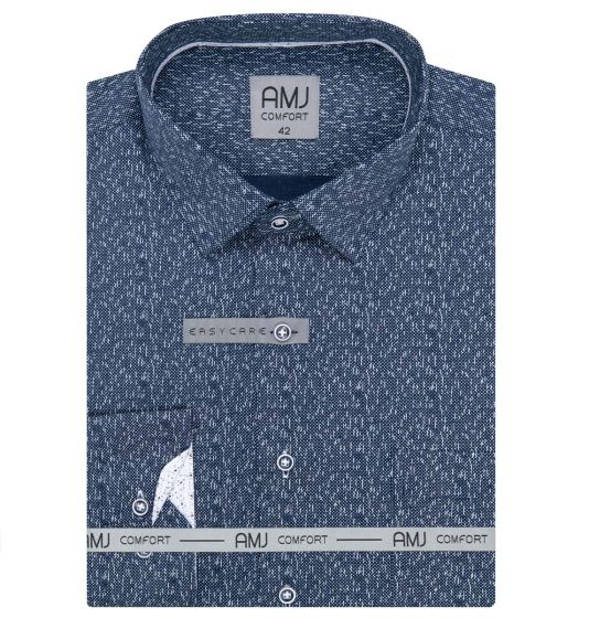 Pánská košile AMJ bavlněná, tmavě modrá s bílým prší vzorem VDBR1382, dlouhý rukáv (regular + slim-fit + prodloužená délka)