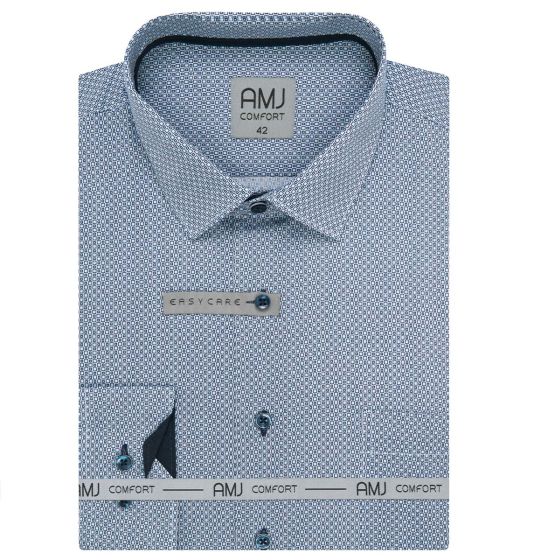 Pánská košile AMJ bavlněná, modrá kostičkovaná VDBR1391, dlouhý rukáv (regular + slim-fit + prodloužený slim-fit)