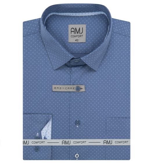 Pánská košile AMJ bavlněná, modrá s tečkovanými pětiúhelníky VDBR1394, dlouhý rukáv (regular + slim-fit + prodloužená délka)