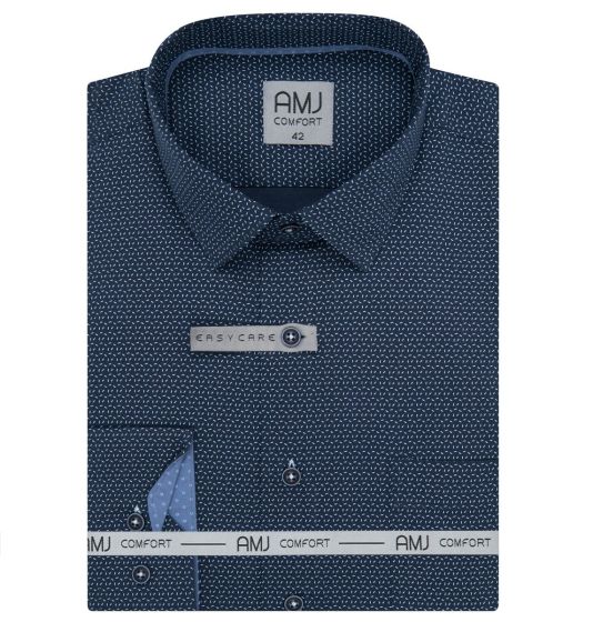 Pánská košile AMJ bavlněná, tmavě modrá - světle modře kropenatá VDBR1396, dlouhý rukáv (regular + prodloužený slim-fit)