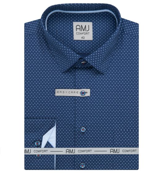 Pánská košile AMJ bavlněná, modrá se světle modrými trojúhelníčky VDBR1411, dlouhý rukáv (regular + slim-fit + prodloužená délka)