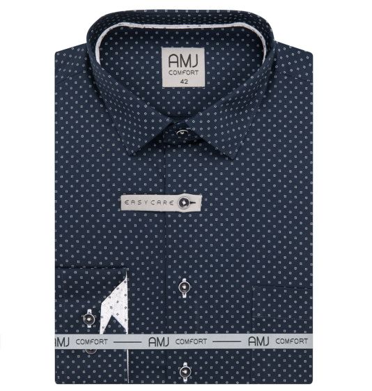 Pánská košile AMJ bavlněná, tmavě modrá s bílými čárkovanými puntíky VDBR1415, dlouhý rukáv (regular + slim-fit + prodloužený slim-fit)