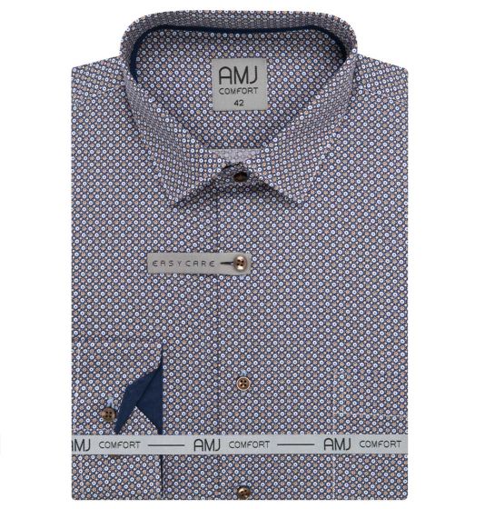 Pánská košile AMJ bavlněná, oranžovo-modrá s puntíky VDBR1420, dlouhý rukáv (regular + slim-fit + prodloužený slim-fit)