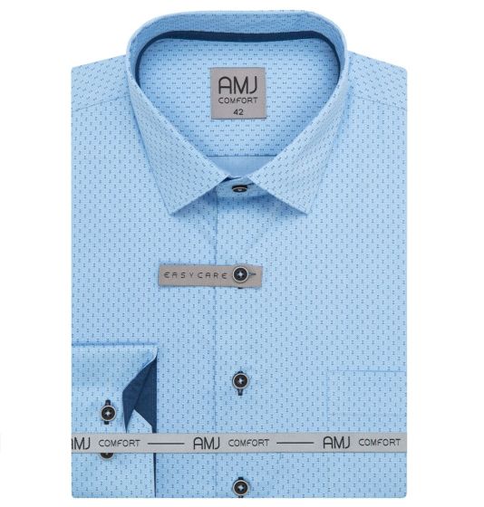 Pánská košile AMJ bavlněná, světle modrá s vlnkami a tečkami VDBR1421, dlouhý rukáv (regular + slim-fit + prodloužená délka)