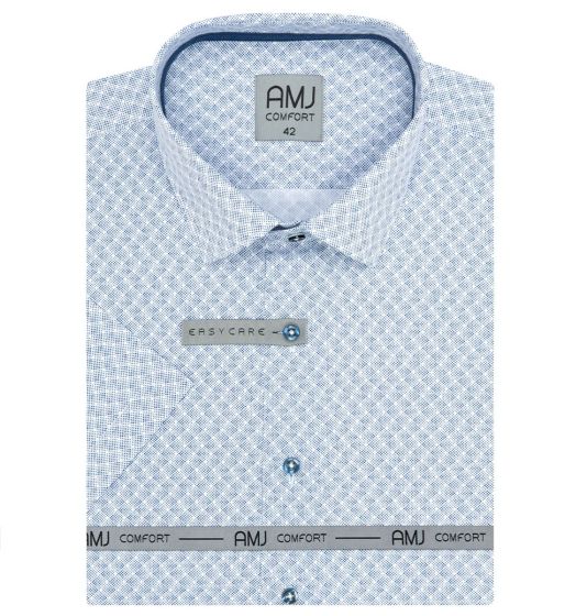 Pánská košile AMJ bavlněná, modré puntíky na bílé, VKBR1279, krátký rukáv, regular fit