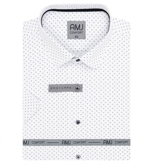 Pánská košile AMJ bavlněná, bílá s puntíkovanými čtverečky VKBR1277, krátký rukáv, regular fit
