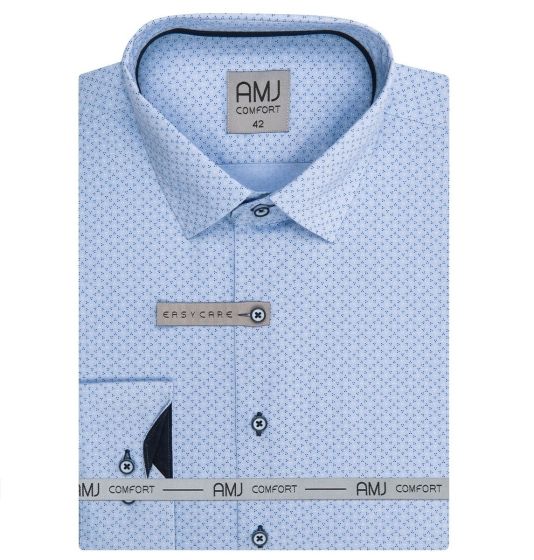 Pánská košile AMJ bavlněná, světle modrá s tečkovanými trojúhelníčky, VDBR1245, dlouhý rukáv (základní + prodloužená délka)