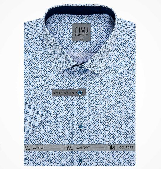 Pánská košile AMJ bavlněná, modro-bílá mramorová kostka VKBR1208, krátký rukáv (regular + slim fit)