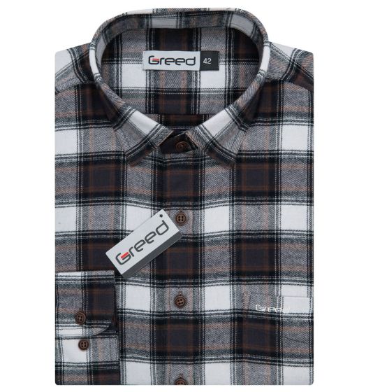 Pánská košile GREED flanelová, šedá károvaná SDF388, dlouhý rukáv, regular fit
