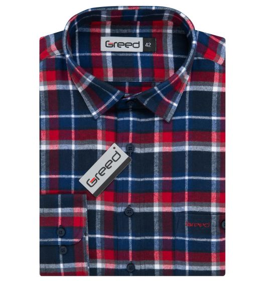 Pánská košile GREED flanelová, červeno-modrá károvaná SDF389, dlouhý rukáv, regular fit
