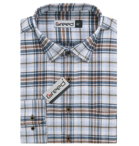 Pánská košile GREED flanelová, béžovo-modro-bílá károvaná SDF390, dlouhý rukáv, regular fit