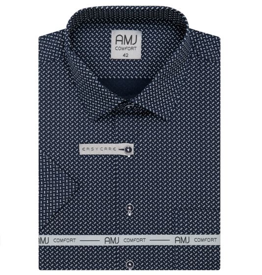 Pánská košile AMJ bavlněná, modrá obdélníčky a čárky, VKB1360, krátký rukáv (regular + slim fit)