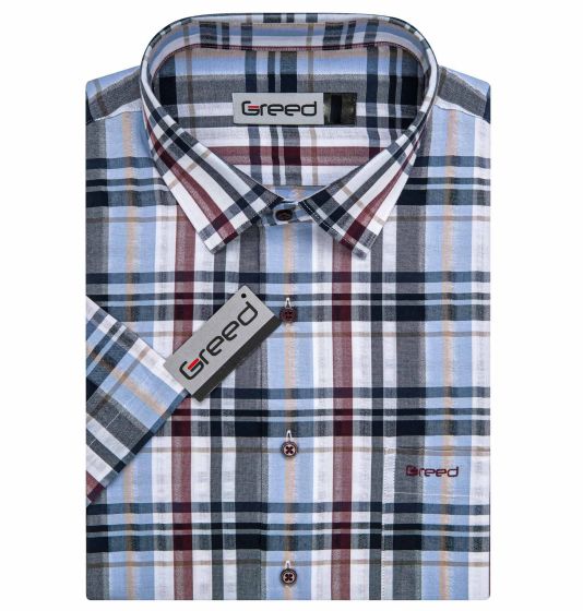 Pánská košile GREED sportovní, světlé modro-šedo-bílé káro SK392, krátký rukáv