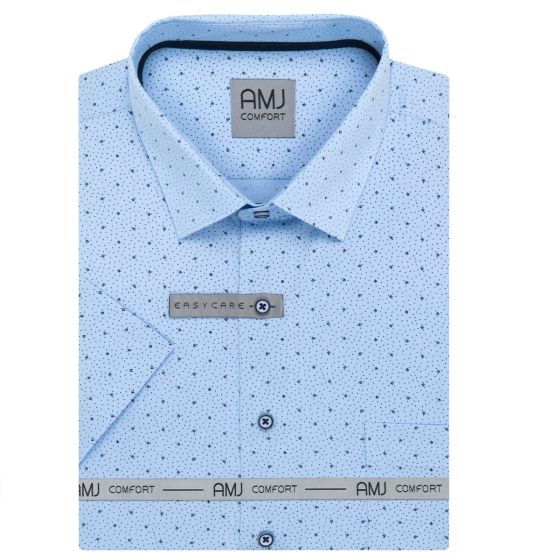 Pánská košile AMJ bavlněná, světle modrá s tečkami a čárkami, VKBR1372, krátký rukáv, (regular + slim fit)