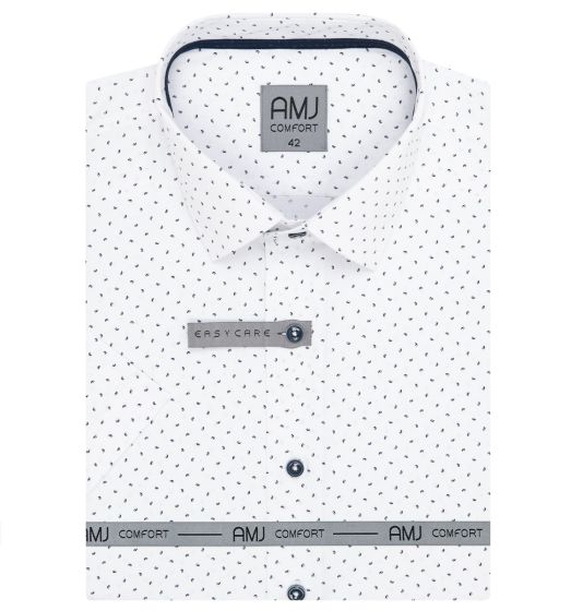 Pánská košile AMJ bavlněná, bílá s drobnými písmenky VKBR1275, krátký rukáv, (regular + slim fit)
