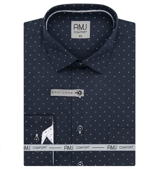 Pánská košile AMJ z lyocellu, tmavě modrá s bílými čárkami, VDER1424, dlouhý rukáv (regular + slim-fit)