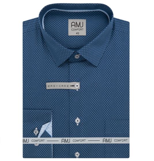 Pánská košile AMJ z lyocellu, modrá s bílými dvojtečkami, VDER1425, dlouhý rukáv (regular + slim-fit)