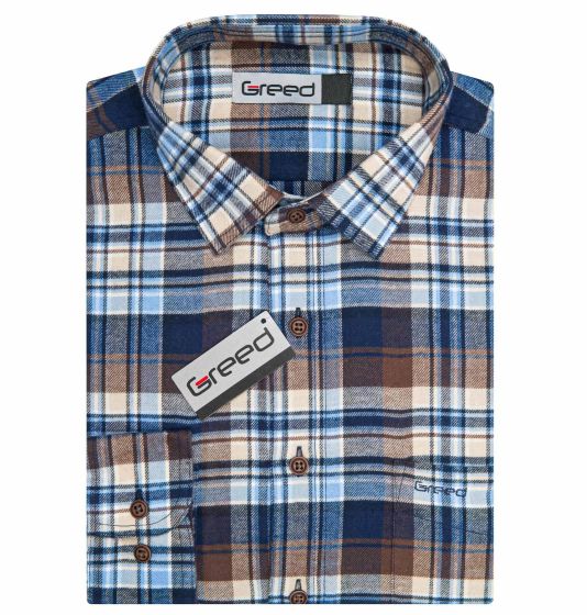 Pánská košile GREED flanelová, modro-béžová károvaná SDF393, dlouhý rukáv, regular fit