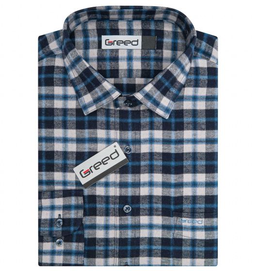 Pánská košile GREED flanelová, modro-šedá károvaná SDF395, dlouhý rukáv, regular fit
