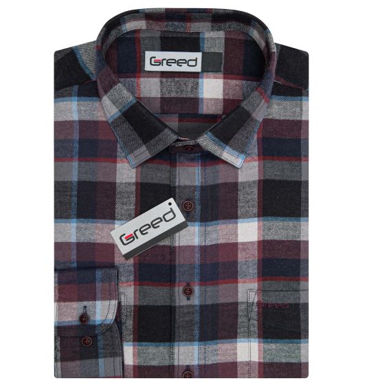 Pánská košile GREED flanelová, vínovo-černá károvaná SDF394, dlouhý rukáv, regular fit