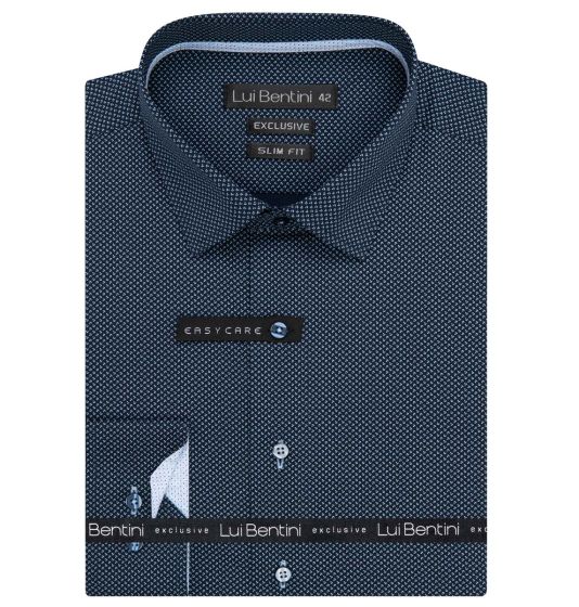 Pánská košile Lui Bentini, tmavě modrá s bílými vlnkami s tečkami LDS243, dlouhý rukáv, slim fit