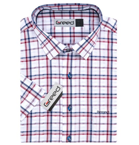 Pánská košile GREED sportovní, červeno-modro-bílé káro SK386, krátký rukáv