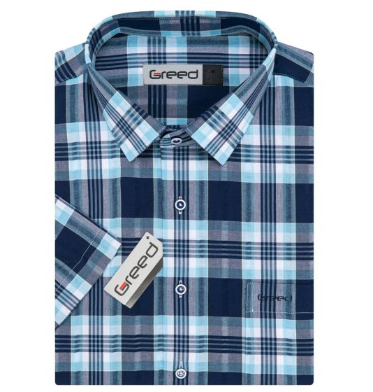 Pánská košile GREED sportovní, modré káro SK387, krátký rukáv