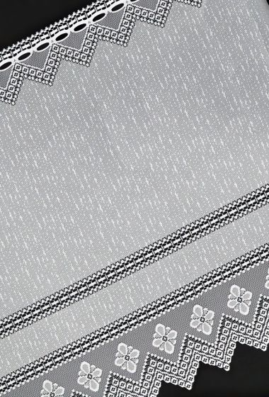 Žakárová vitrážová záclona 605962/001, květiny s proužkem, s bordurou, bílá (více výšek, v metráži)