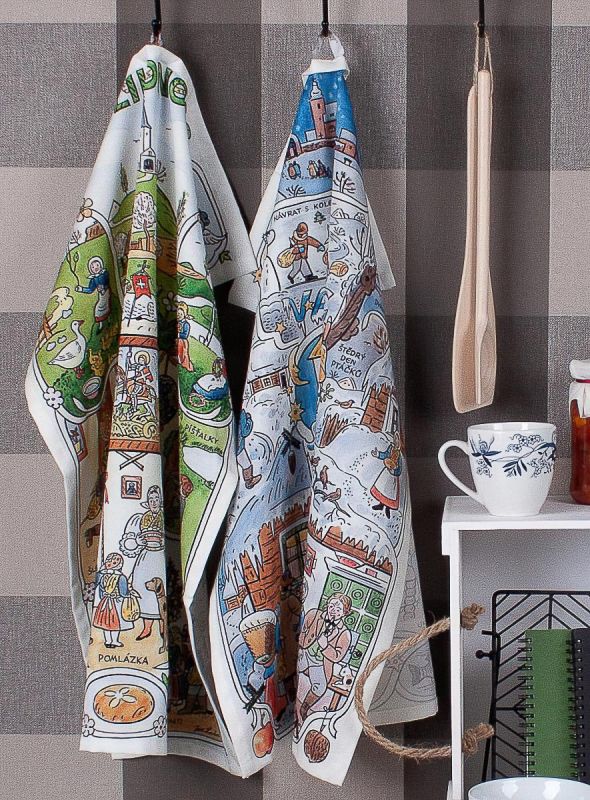 Utěrky JOSEF LADA VELIKONOCE - VÁNOCE, zelená a modrá, 2 kusy 50x64cm