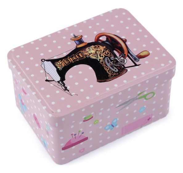 Krabička na šití a jehly, plechová 790322/3, pudrová s puntíky, 9,5 x 12,5 x 6,5cm (obdélník)