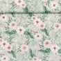 Bavlněné plátno POLO růžové květy s listy na šedé, š.160cm (látka v metráži)