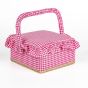 Kazeta / košík na šití, čalouněný 17 s výbavou, růžová kostička s kanýrem, 19,5 x 19,5 x 11cm
