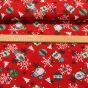 Směsové plátno vánoční DUNDI ČERVENÁ skřítci, vločky a baňky, š.140cm (látka v metráži)