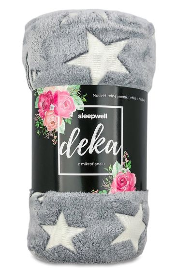 Deka z mikrovlákna / mikroplyšová svítící HVĚZDY ŠEDÉ, 150x200cm
