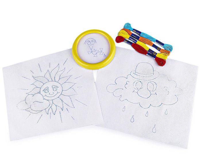 Dětská vyšívací sada s předtištěným motivem 380095/4, sluníčko a mráček (rámeček, předtisk a příze)