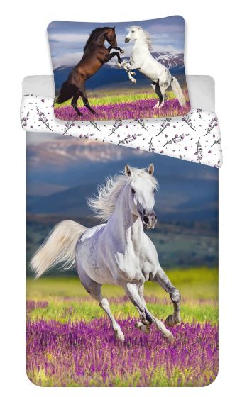 Dětské povlečení HORSE MEADOW, koně, fototisk, modro-růžové, bavlna hladká, 140x200cm + 70x90cm 