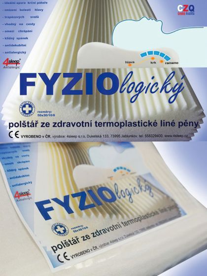 Polštář anatomický FYZIOLOGICKÝ ze zdravotní termoplastické líné pěny, 50x30x10/8cm, se zipem