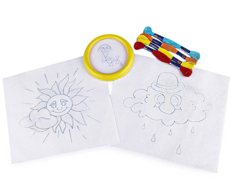 Dětská vyšívací sada s předtištěným motivem 380095/4, sluníčko a mráček (rámeček, předtisk a příze)
